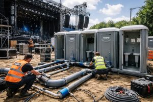 installation rapide et efficace de sanitaires backstage pour scènes de festivals avec rapid plomberie, assurant confort et hygiène pour les artistes et équipes techniques.