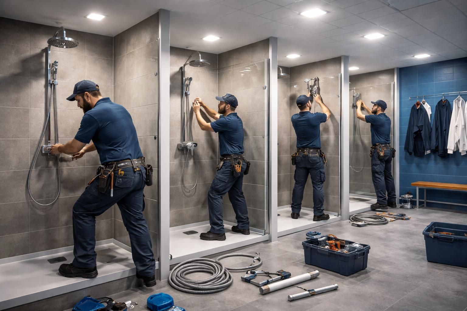 service de plomberie rapide spécialisé dans l'installation de douches pour vestiaires de clubs sportifs, garantissant efficacité et qualité pour un confort optimal.