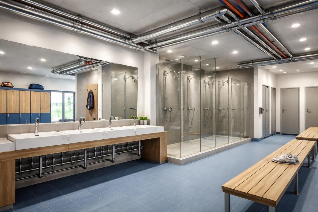 service de plomberie rapide et professionnel pour clubs sportifs, avec installation complète de vestiaires, douches et sanitaires conformes aux normes.
